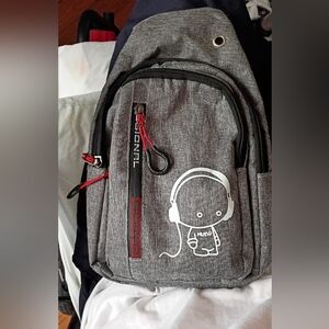 Gray Backpack with Headphone Graphic
